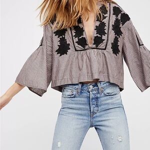 Free people liya  embroidered striped blouse top cropped flared sleeves Sz m